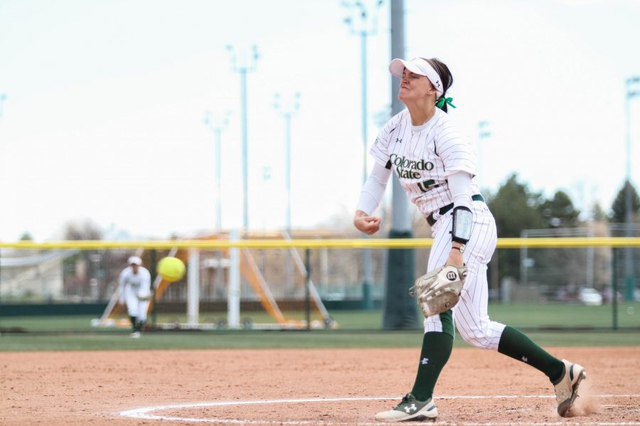 Senior Kaylynn Pierce pitches during the Rams third game against the University of New Mexico on Sunday, April 8. The Rams beat the Lobos 12-4. (Ashley Potts | Collegian)
