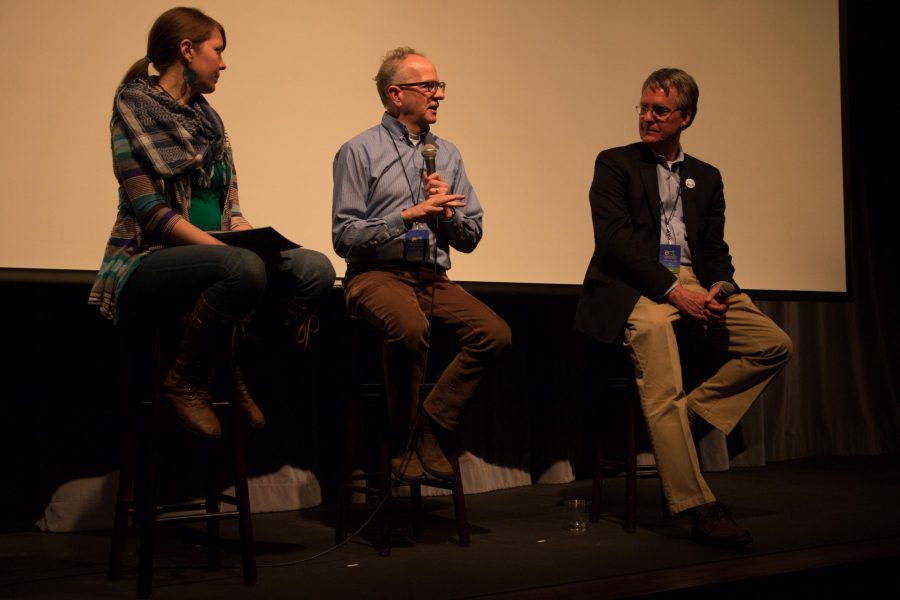 Panelists at the ACT Human Rights Film Festival Sunday afternoon. Left to right, Jacqueline Kozak Thiel, Dr. Scott Denning and moderator Kevin Henry (Erica Giesenhagen | Collegian).