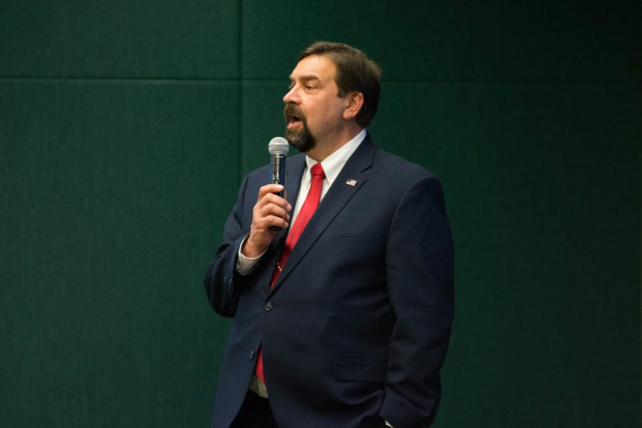 CSU President Tony Frank presents the Incremental Education in General Budget to the ASCSU Senate body on April 11. The budget reviewed a number of costs such as student fees and funding. (Colin Shepherd | Collegian)