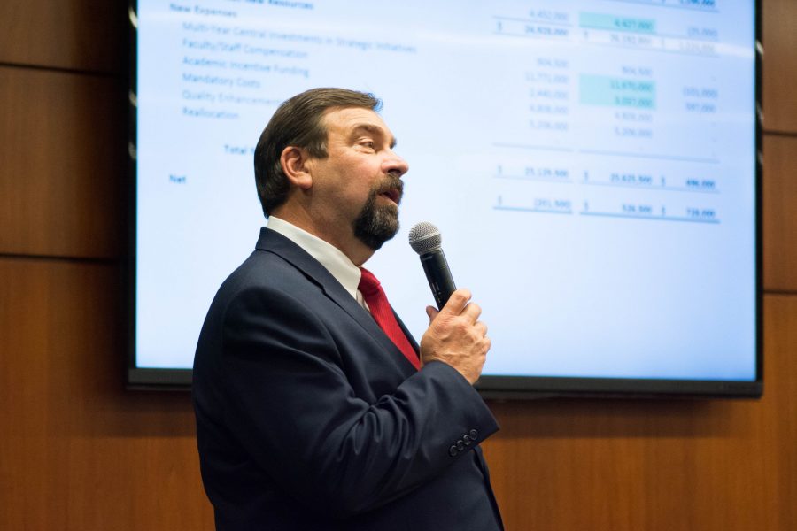 CSU President Tony Frank presents the Incremental Education in General Budget to the ASCSU Senate body on April 11. The budget reviewed a number of costs such as student fees and funding. (Colin Shepherd | Collegian)