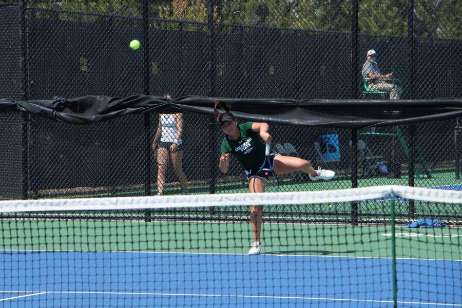 Freshman, Priscilla Palermo serves during her singles match against Wyoming on Apr 22 at the CSu Tennis Complex (Joshua Contreras | Collegian)