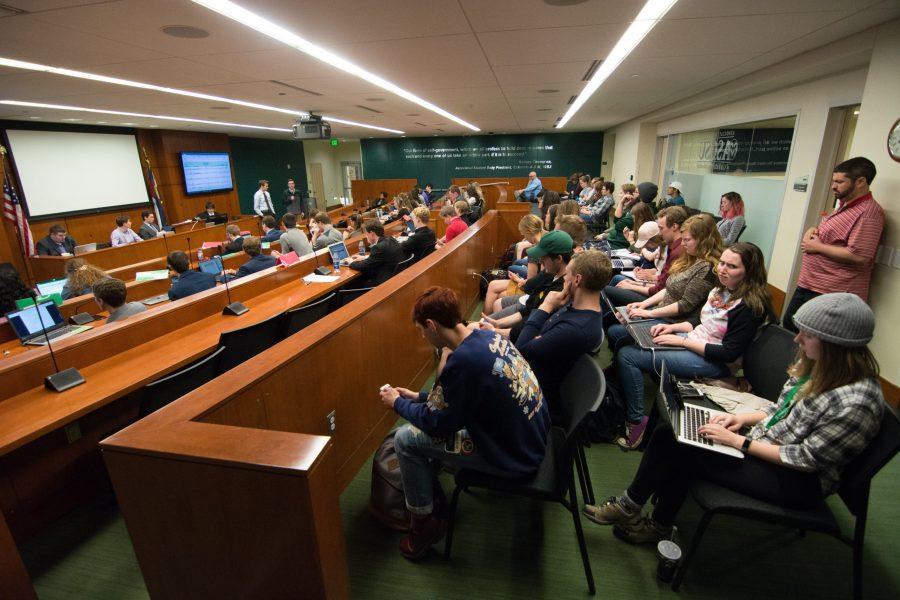 The ASCSU Senate gallery is full as ASCSU President-elect Tristan Syron and Vice-President-elect Kevin Sullivan present their 2018-2019 budget to the ASCSU Senate on April 25. (Colin Shepherd | Collegian)