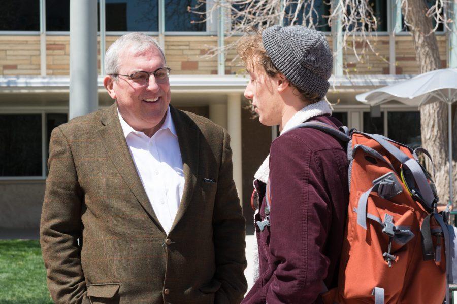 City of Fort Collins Mayor Wade Troxell speaks to CSU Senior Larson Ross about student related issues and local government in Fort Collins on April 25 in the Lory Student Center Plaza. (Colin Shepherd | Collegian)
