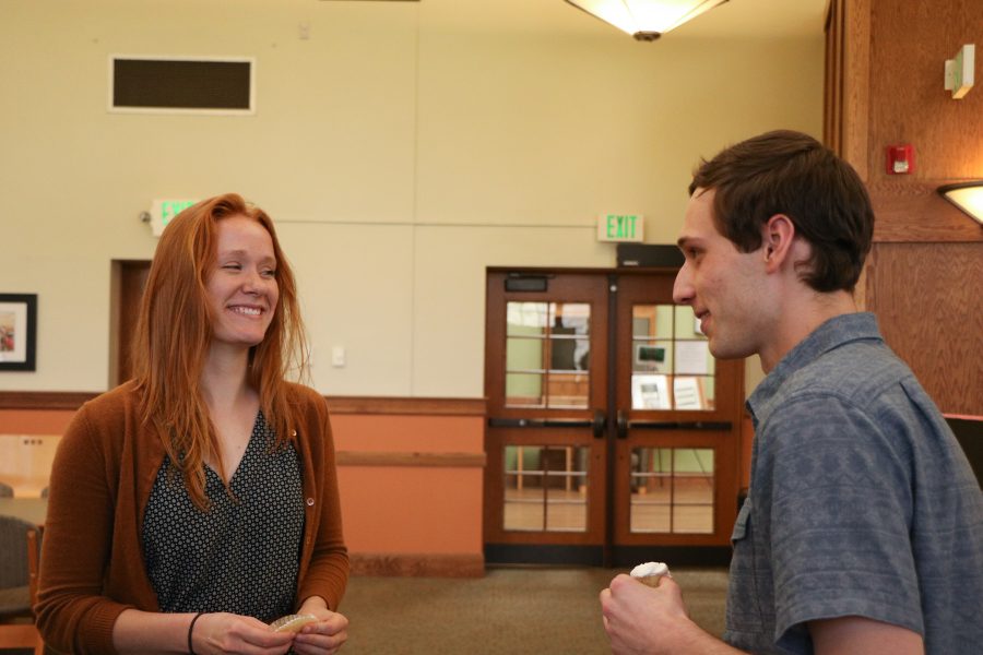 Emily Ziffer and Jarod Snook have a conversation about their scholarships(Devin Cornelius | Collegian)