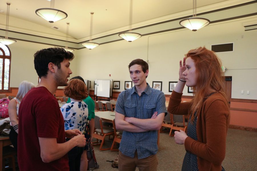 Ben Fixman, Jarod Snook, Emily Ziffer discuss (Devin Cornelius | Collegian)