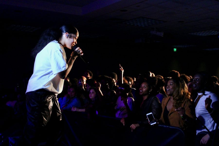 Twenty three year old London native, singer and songwriter Ella Mai performs for a crowd of people in the LSC North Ballroom during the Colored Souls Spring Concert presented by Colorado State Universities United Women of Color organization April 28, 2018. (Matt Begeman | Collegian)