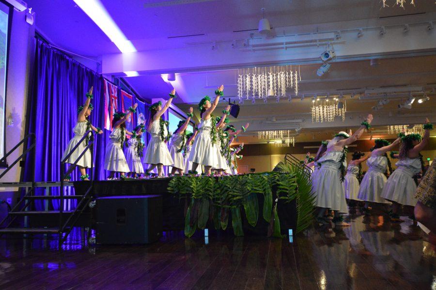 NoCo Hula performs their first dance, He Inoa Nou E Kapili, at the Pacific Clubs annual Luau held in the Lory Student Center Grand Ballroom on April 28th, 2018 (Mackenzie Pinn | Collegian)