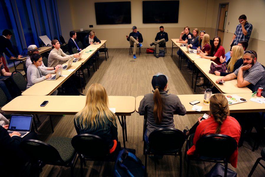 Students from Turning Point USA, Young Americans for Liberty, the Conservative Interest Group, the the International Conservative Coalition and College Republicans discuss candidates for the presidential and Speaker of the Senate elections for the Associated Students of Colorado State University.