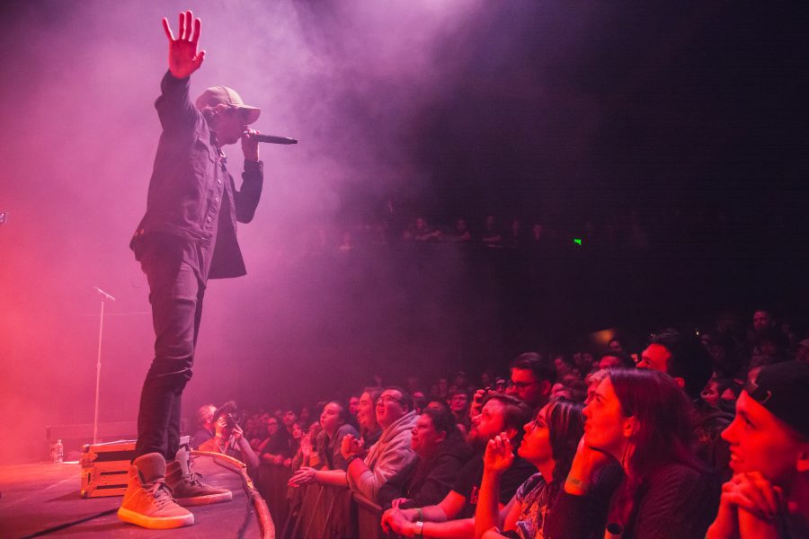 Slam poet turned professional rapper Watsky performs for a packed house Saturday night at the Ogden theater in downtown Denver as part of his Low Visibility Tour featuring the band Invisible Inc. (Davis Bonner | Collegian)