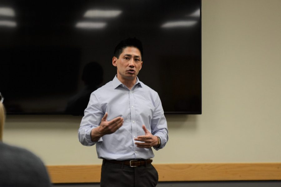Colorado State University College Republicans hosted Peter Yu, running for Congress in 2018, as a speaker tonight. He talked about the upcoming campaign, his views on certain topics, and answered questions from the audience. (Mackenzie Botlz | Collegian)