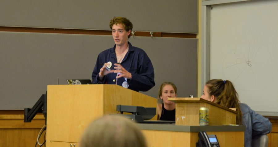 Larson Ross, from Young Democratic Socialists of America, speaking at the event Democratic Socialism 101 in Clark A204 on April 16th. (Mackenzie Boltz | Collegian)