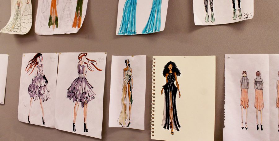 The process starts with pulling inspiration from WGSN, a trend forecasting business provided for students that holds news, information, and fashion images for style industries to reference. Students then draw up 15-20 ideation sketches to be critiqued by the class. Photo credit: Alea Schmidt