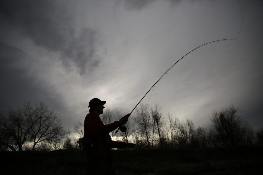Colorado State University junior Clay Westbrook fly fishes along the Cache la Poudre River on April 4, 2018 in northern Fort Collins. Westbrook found some time to go fishing after his classes were done for the day.  (Forrest Czarnecki | The Collegian)