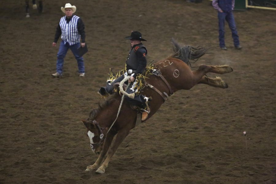 Brady Thurston, from Central Wyoming College, rides in the saddle bronc event at the 68th annual Skyline Stampede rodeo on April 7, 2018 at the B.W. Pickett Arena in Fort Collins.  (Forrest Czarnecki | The Collegian)