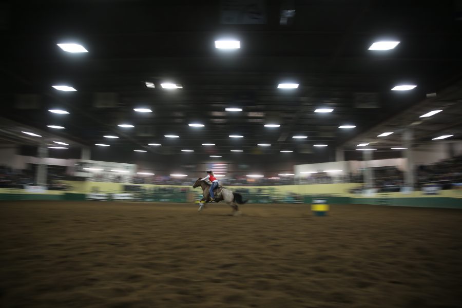 Barrel racing at the 68th annual Skyline Stampede rodeo on April 7, 2018 at the B.W. Pickett Arena in Fort Collins.  (Forrest Czarnecki | The Collegian)