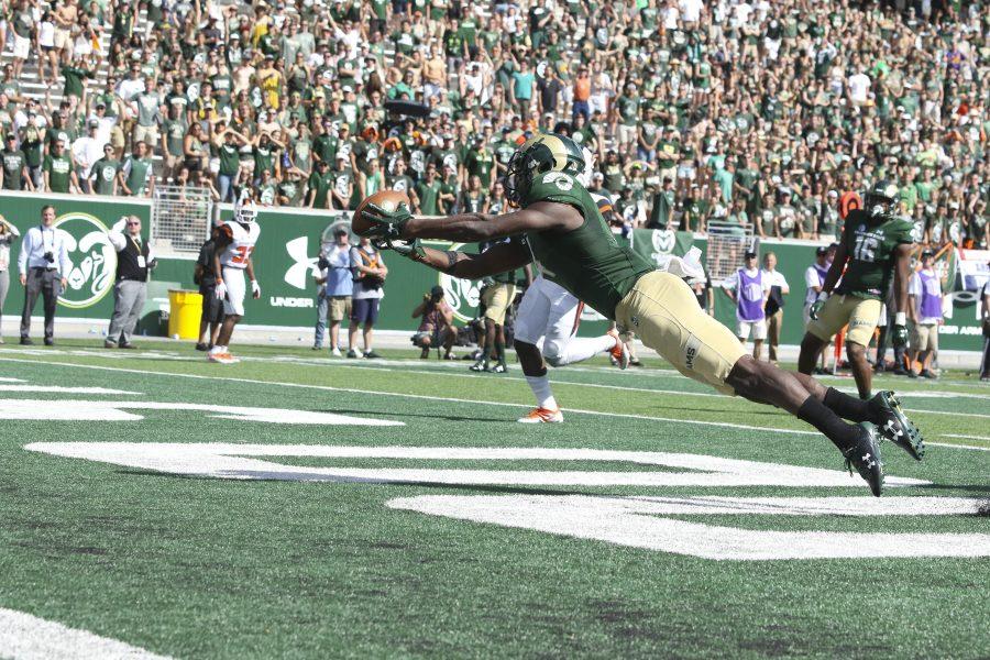 Senior wide receiver Michael Gallup (4) tries to make a diving grab in the end zone during the first half of the Rams victory over Oregon State. (Javon Harris | Collegian)