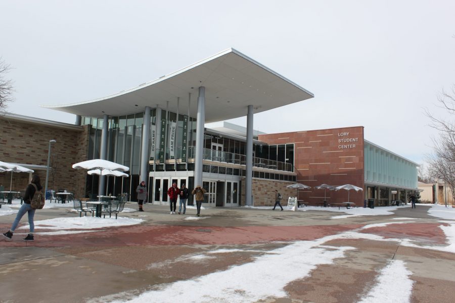 The Lory Student Center stands in snowy weather on Feb. 21st. (Brandon Mendoza| Collegian)