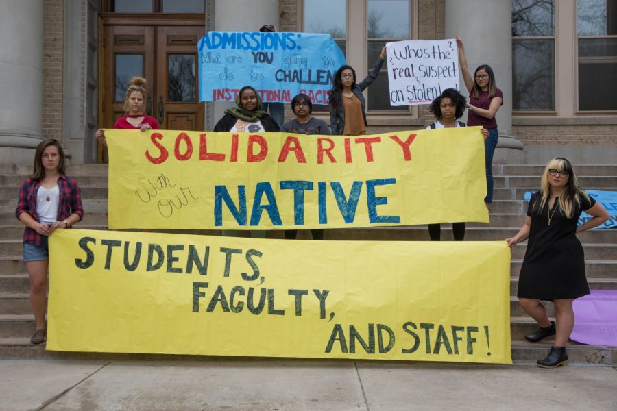 CSU student activists stand in solidarity with Native American students in front of the Administration building.  Some Native American students have put together personal testimonies on microaggressions and racism, like the recent campus tour incident, and ideas on how to improve the college experience of Native American students. (Julia Trowbridge | Collegian)