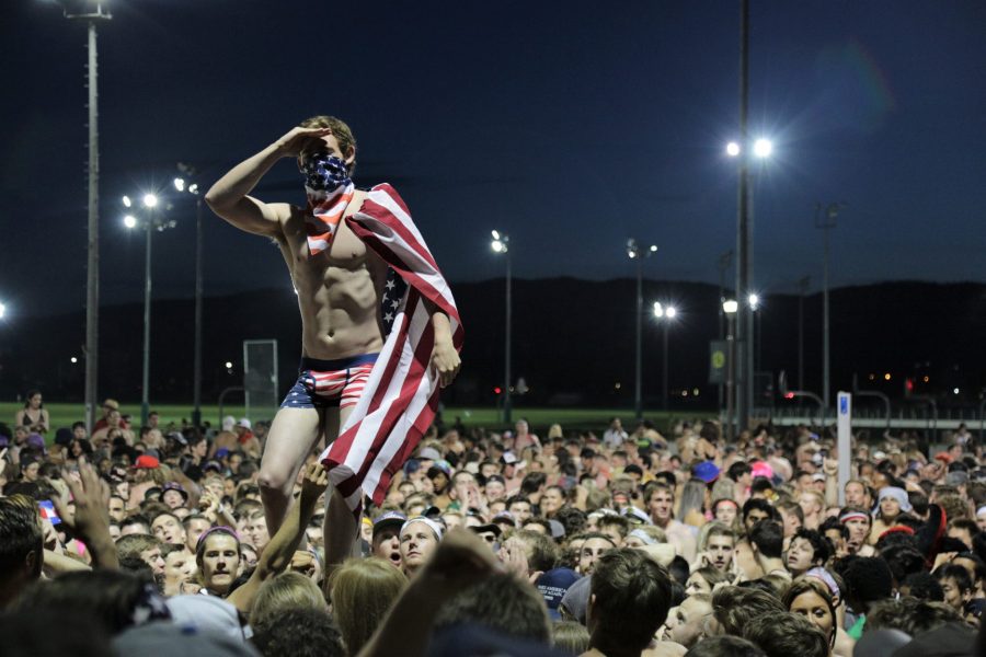 Thousands of Colorado State University students gather in the volleyball courts outside the CSU Recreation Center on campus to celebrate the annual Undie Run before finals week May 4, 2018. (Photo courtesy of The Rocky Mountain Collegian)