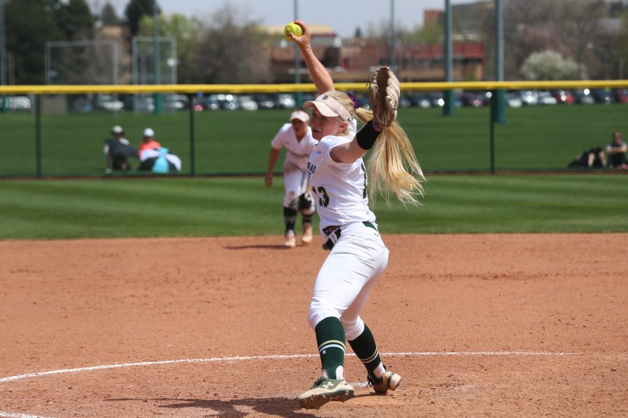 Junior Bridgette Hutton winds up a pitch against Boise State on May 6. The Rams fell to the Broncos 7-2 at Rams Field. (Elliott Jerge | Collegian)