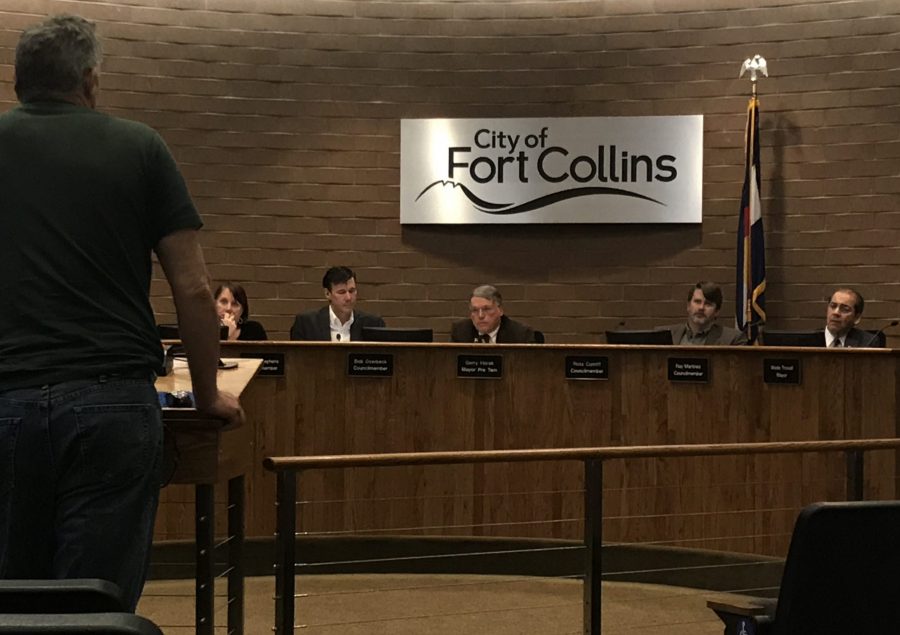 Eric Sutherland, Fort Collins resident and community activist, speaks to councilmembers during the citizen participation of yesterday evenings city council meeting. 
