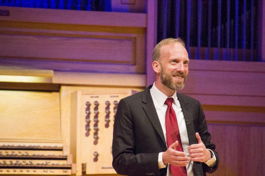 Joel Bacon addresses and thanks the large crowd in front of him during the CSU Organ Week Closing Concert at Colorado State Universities UCA Organ Recital Hall.(Rebecca Eisele| Collegian) 