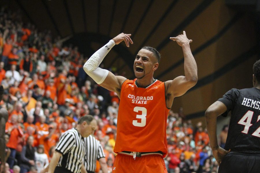 Gian Clavell (3) tries to pump up the crowd after a foul call on SDSU in the 2nd half of the Rams thrilling win over the Aztecs. Clavell finished with a game high 18 points and 10 rebounds. (Javon Harris | Collegian)