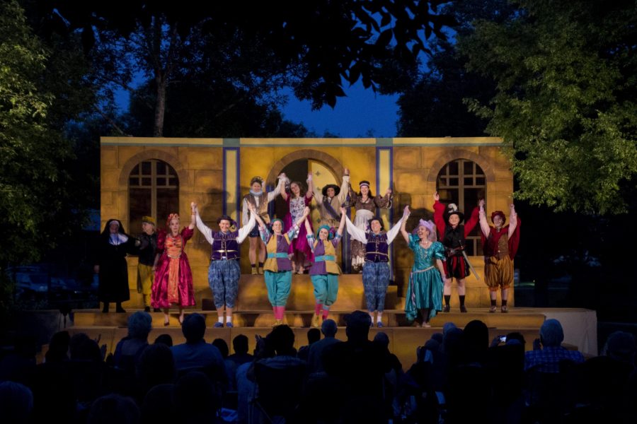 All of the Actresses who performed on June 9 during Shakespeares play, The Comedy of Errors, in Columbine Health Systems Park take a bow for their audience after their performance. (Rebecca Eisele| Collegian)