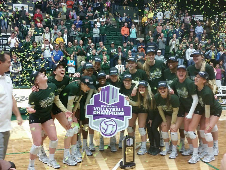 The Colorado State volleyball team celebrates its 14th Mountain West title following a win over UC Davis. CSU will head to the NCAA tournament for the 23rd consecutive year. (Austin White | Collegian)