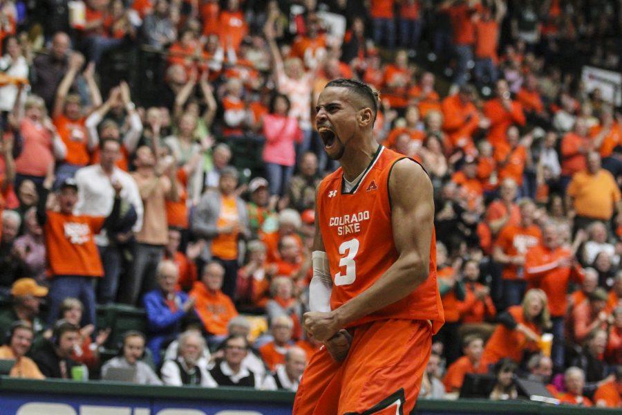 Gian Clavell (3) with the emotion after a huge 2nd half dunk against SDSU in the 2nd half of the Rams thrilling win over the Aztecs. Clavell finished with a game high 18 points and 10 rebounds. (Javon Harris | Collegian)