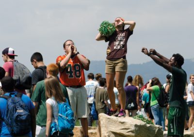 Orientation leaders Luke Contreras, Taylorae Dewitt and Christian Kalenga chant “I’m proud, to be, a CSU Ram!” July 10 while incoming CSU students walk by as part of the Preview Orientation. The Preview program runs through June and July, and helps incoming freshmen and transfer stuents to get accustomed to the university and Fort Collins community.