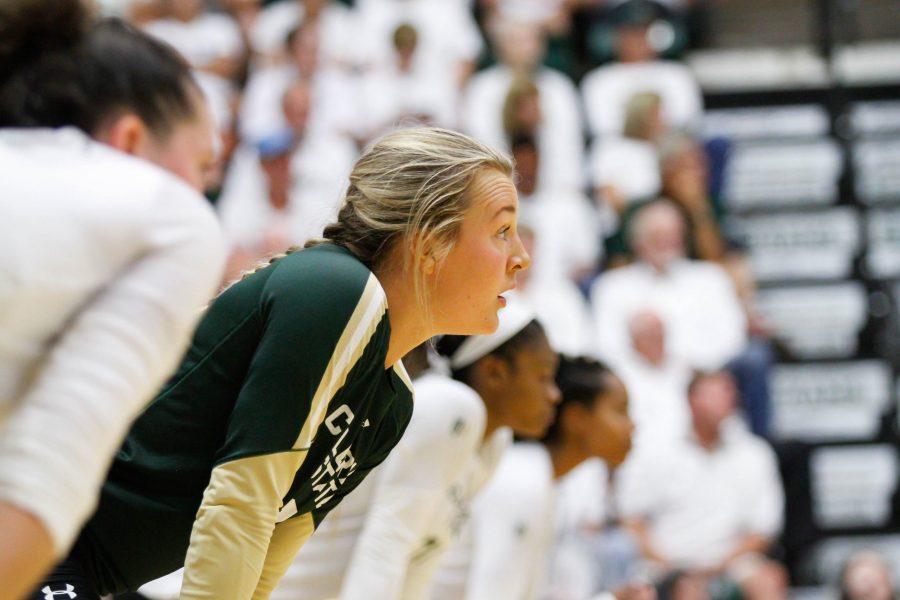 Amanda Young waits for the serve during the home opener against Illinois. After an intense game the Rams lost in the fifth set. (Ashley Potts | Collegian)