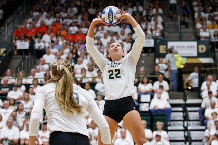 Katie Oleksak sets the ball for Kirstie Hillyer during the home opener against Illinois. The Rams lost the game in the fifth set. (Ashley Potts | Collegian)