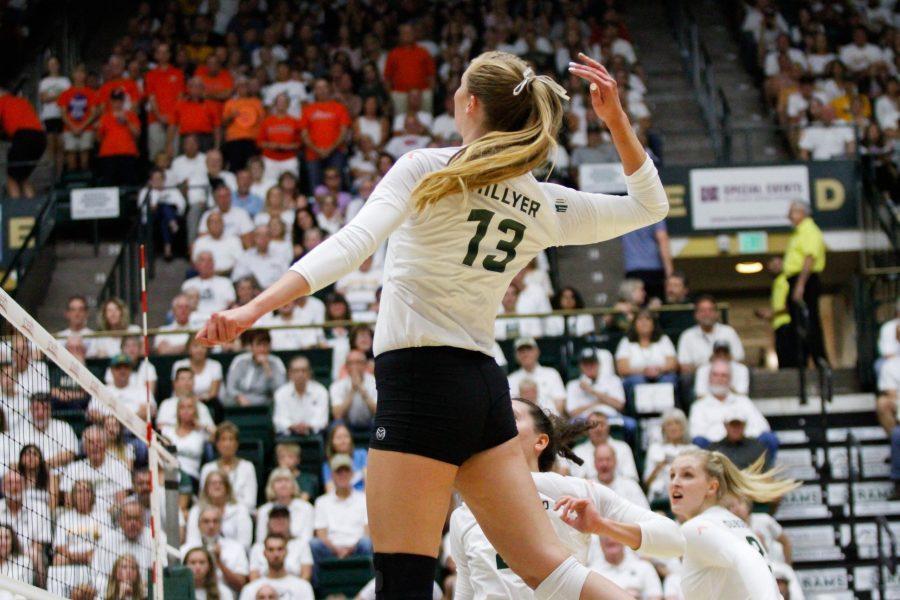 Kirstie Hillyer hits during the home opener against Illinois. After an intense game, the Rams lost in the fifth set. (Ashley Potts | Collegian)