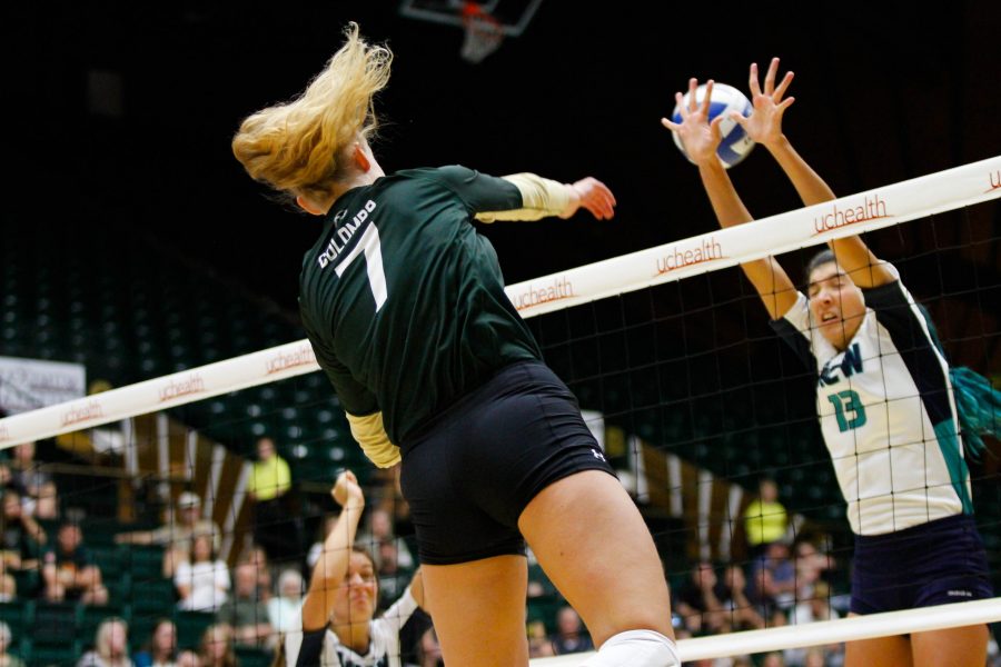 Sasha Columbo hits during the game against UNC Willmington. (Ashley Potts | Collegian)