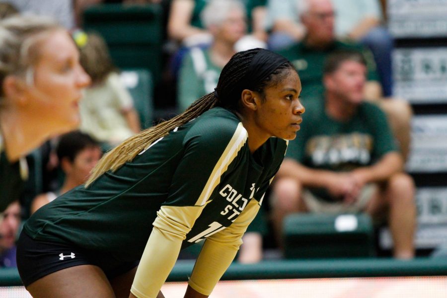 Breana Runnels waits for a serve during the game against UNC Willmington. (Ashley Potts | Collegian)