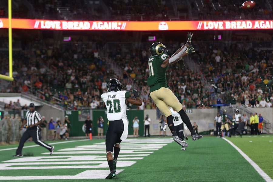 Colorado State Wide Receiver Preston Williams goes up for a catch in the end zone during the fourth quarter of play against the Hawaii Rainbow Warriors at Canvas Stadium on August 25, 2018 in Fort Collins, CO. (Elliott Jerge | Collegian)