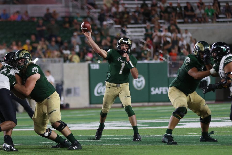 Colorado State Quarterback K.J. Carta-Samuels makes a deep pass from the pocket during the fourth quarter of play against the Hawaii Rainbow Warriors. The Rams fell to the Warriors 43-34 at Canvas Stadium on August 25, 2018 in Fort Collins, CO. (Elliott Jerge | Collegian)