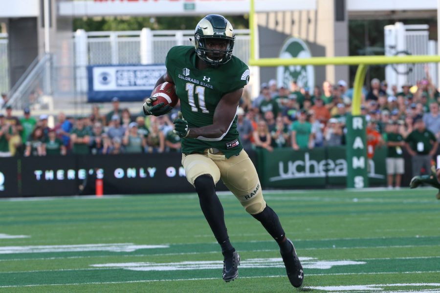 Wide Receiver Preston Williams runs up field after making a catch against the Hawaii State Warriors in the first quarter of play at Canvas Stadium on August 25, 2018 in Fort Collins, CO. (Elliott Jerge | Collegian)