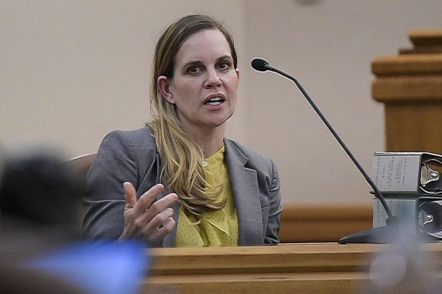 Former Colorado State University assistant professor Christina Boucher testifies during a trial in a lawsuit against Colorado State University accusing the college of retaliation and sexual harassment against Boucher, as seen on Friday, Aug. 24, 2018, at the Larimer County Justice Center in Fort Collins, Colo.(Photo courtesy of Tim Hurst/ The Coloradoan)