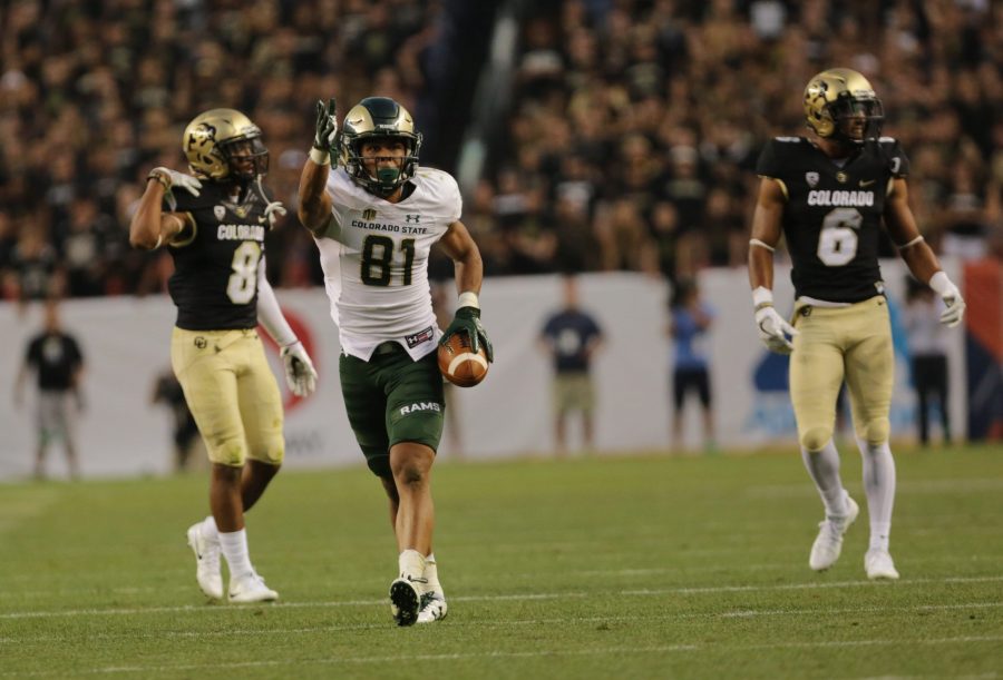Olabisi Johnson points downfield after making a reception against CU during the Rocky Mountain Showdown. (Forrest Czarnecki | Collegian)