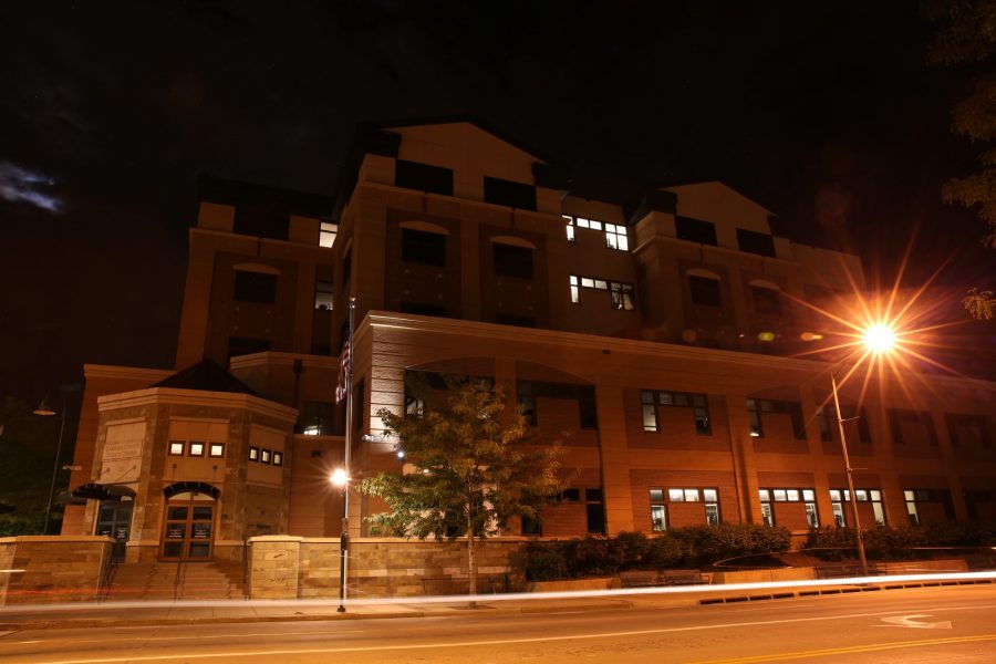The Larimer County Court House is pictured on the night of  Aug. 22.  (Forrest Czarnecki | The Collegian)