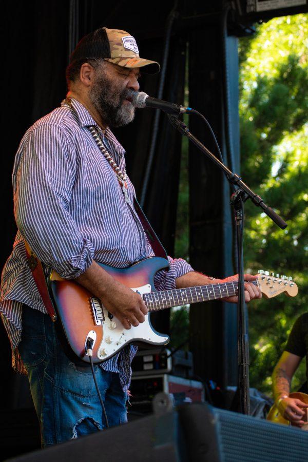 Otis Taylor, of the Otis Taylor band, sang and played his electric guitar at New West Fest on Aug. 10, 2018 in Fort Collins, Colo.— (Sara Graydon | Collegian)