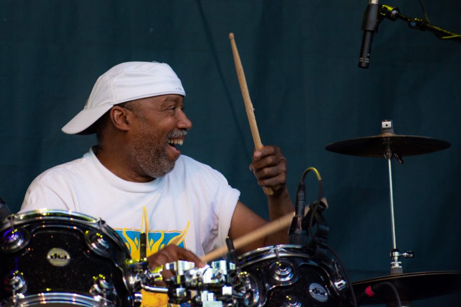 Larry Thompson, drummer for the Otis Taylor band, drummed at New West Fest on Aug. 10, 2018 in Fort Collins, Colo.— (Sara Graydon | Collegian)
