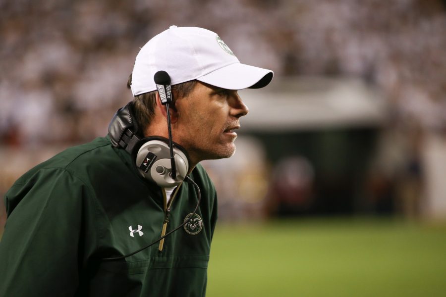 Head CSU Football Coach Mike Bobo yells to the team during the Rocky Mountain Showdown. The Rams lost to the Buffs  13-45. (Tony Villalobos May | Collegian)