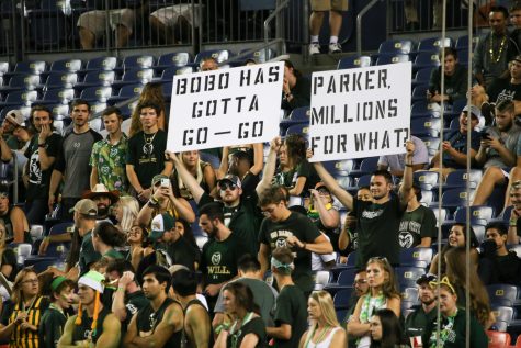 The Colorado State University student section holds up signs calling out coach Mike Bobo and former Athletic Director Joe Parker at the Rocky Mountain Showdown Aug. 31, 2018. The Rams lost to the Buffs 13-45.