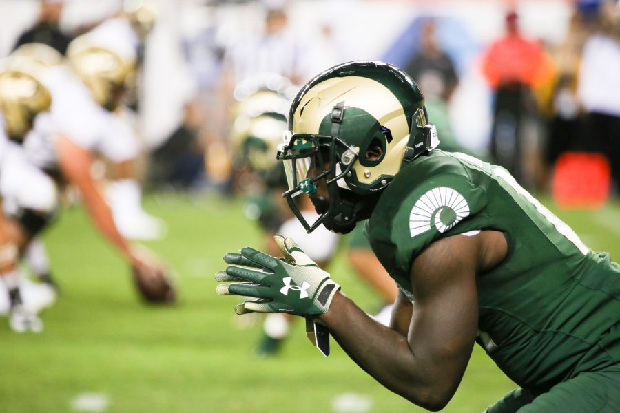 A CSU Football player gets ready during a faceoff. The Rams lost to the Buffs  13-45. (Tony Villalobos May | Collegian)
