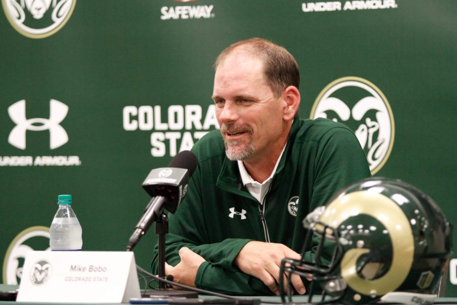 Colorado State University head football coach Mike Bobo fields questions from the media during football media day on August 2. (Ashley Potts | Collegian)