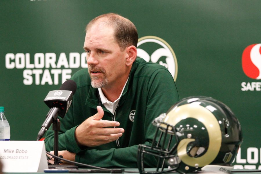 Colorado State University head football coach Mike Bobo fields questions from the media during football media day on August 2. (Ashley Potts | Collegian)