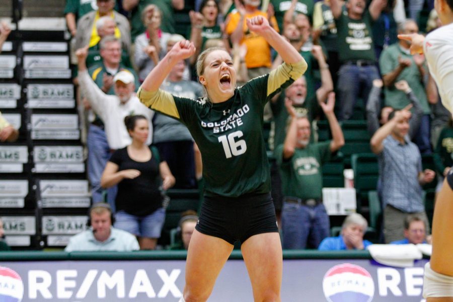 Maddi Foutz celebrates her service ace that won the Rams the final set of the game against Florida State. (Ashley Potts | Collegian)